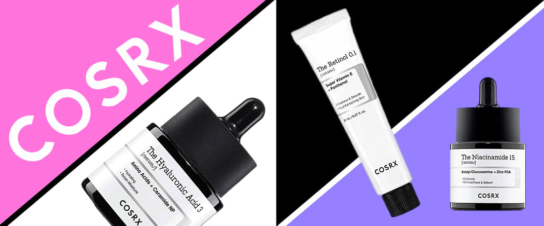 COSRX 101 Guide Featured Image, showing Hyaluronic Acid 3 Serum, Retinol 0.1 Cream and Niacinamide 15 Serum against a pink and purple background