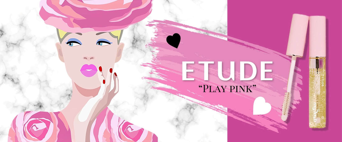 Etude 101 Guide Main Image, shows Etude My Lash Serum and Etude Logo on a light pink and white marble patterned background