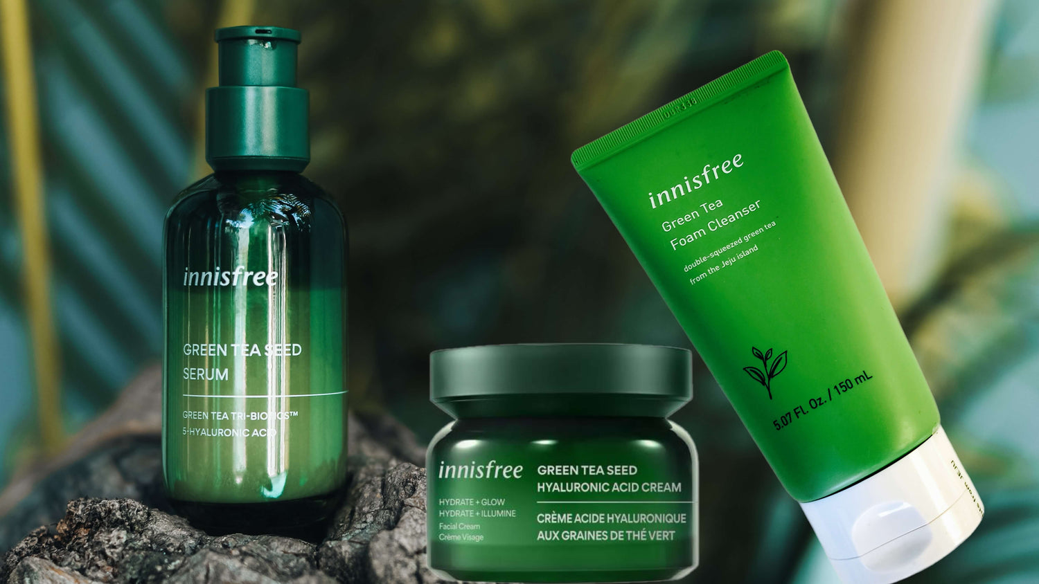 Innisfree green tea seed serum cleanser and green tea seed hyaluronic acid cream sitting in forest